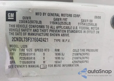 2007 Chevrolet Equinox Lt z USA, uszkodzony, nr VIN 2CNDL73F376042421